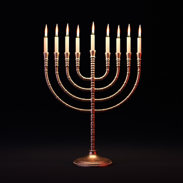 Hanukkah menorah con candele accese su sfondo scuro illustrazione 3d