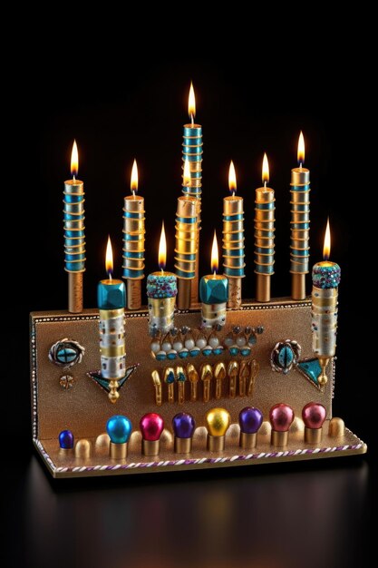 Hanukkah menorah with lit candles and dreidels created with generative ai