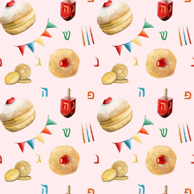 Hanukkah seamless pattern with traditional donuts dreidel candles coins festive flags hebrew letters for Jewish holiday designs wrapping paper