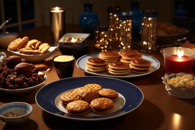 Hanukkah snack and symbols on table