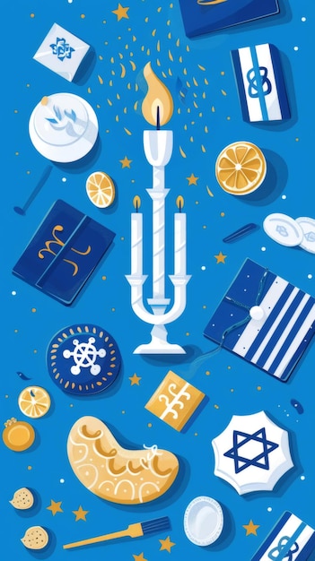 Photo hanukkah symbols and gifts on blue background