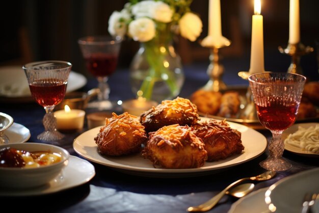 Ханукальный стол, заставленный традиционными блюдами, такими как хлеб латкес-хала и свечи, готовый к праздничному торжеству.