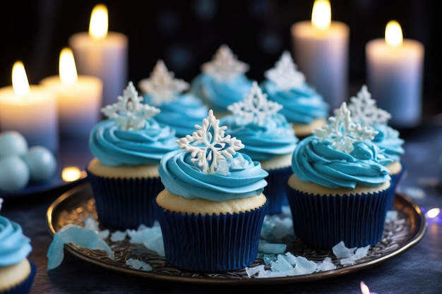 Hanukkah themed cupcakes creatively decorated with blue icing