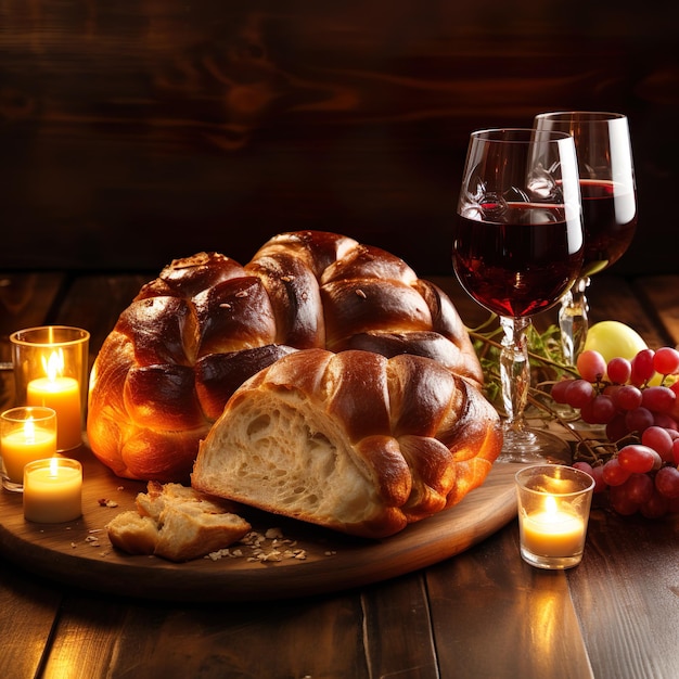 Hanukkah vakantie Challah brood shabbat wijn en traditionele kaarsen op houten tafel