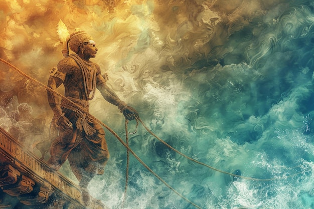 Foto hanuman bouwt een brug over de oceaan tijdens de expeditie naar lanka