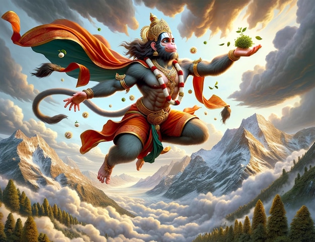 Photo hanuman flying towards the himalayas in search of the sanjeevani herb