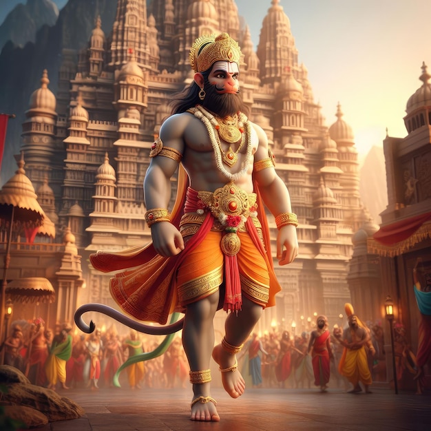 Photo hanuman jayanti full body view with 3d style hanuman in the castle view 3d model and realistic