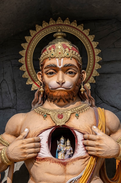 Foto hanuman statua, idolo indù vicino al fiume gange, rishikesh, india. luoghi sacri per i pellegrini. la statua che ritrae lord hanuman apre il suo petto e rivela lord rama e sita al suo interno, nel cuore