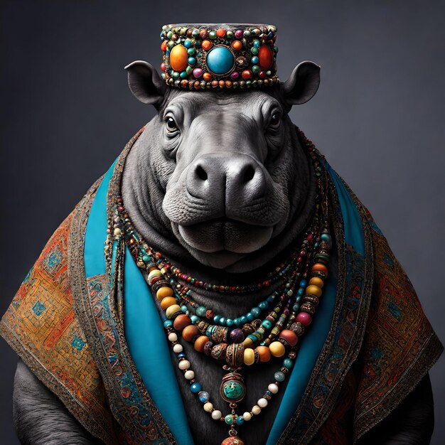 A haphazard bohemian medieval hippy dressed hippopotamus with bizarre beads