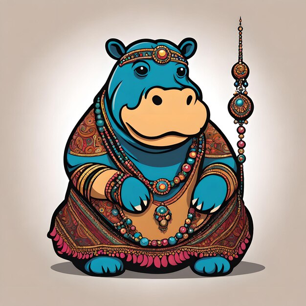 A haphazard bohemian medieval hippy dressed hippopotamus with bizarre beads