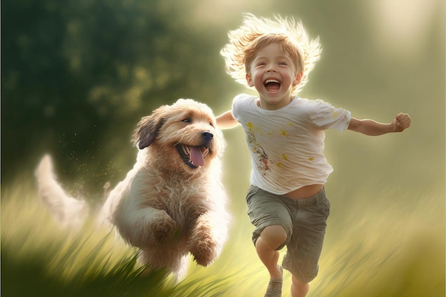 Happiest young boy with little furry puppy dog running together in the field