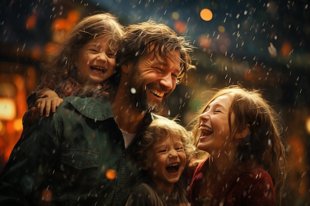 Фото Счастливая семья играет под дождем