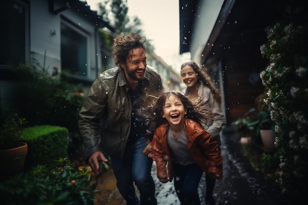 写真 雨の中で幸せに遊ぶ家族