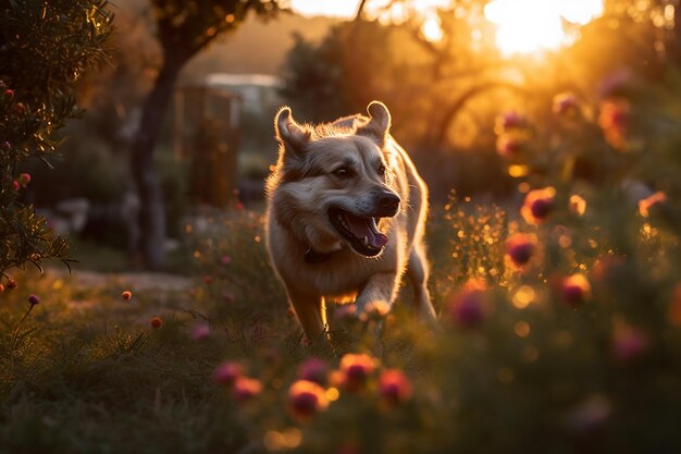 Photo happily running dog in the park