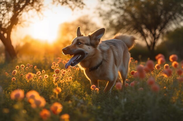 Photo happily running dog in the park