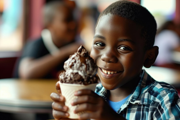 幸せ アフリカの少年がディナーでチョコレートアイスクリームを食べる