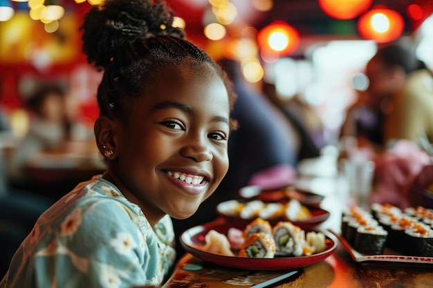 Happiness African Girl Eats Sushi In Diner