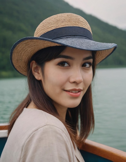 Счастье в азиатской шляпе у озера