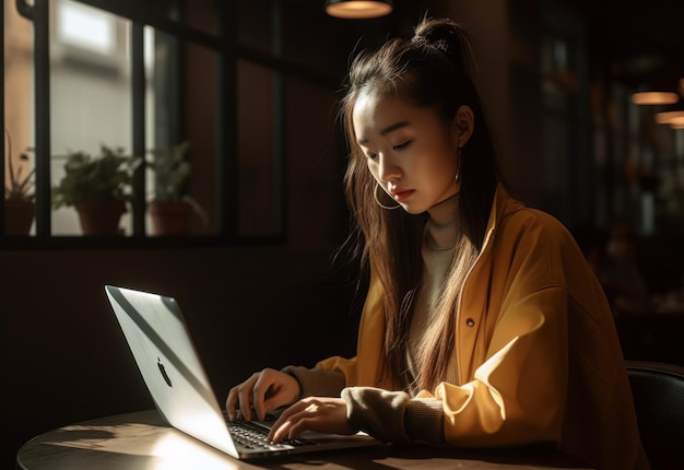 Photo happiness attractive asian woman in yellow shirt working with computer laptop thinking to get ideas