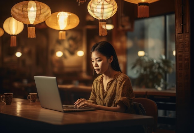 Happiness attractive asian woman in yellow shirt working with computer laptop thinking to get ideas