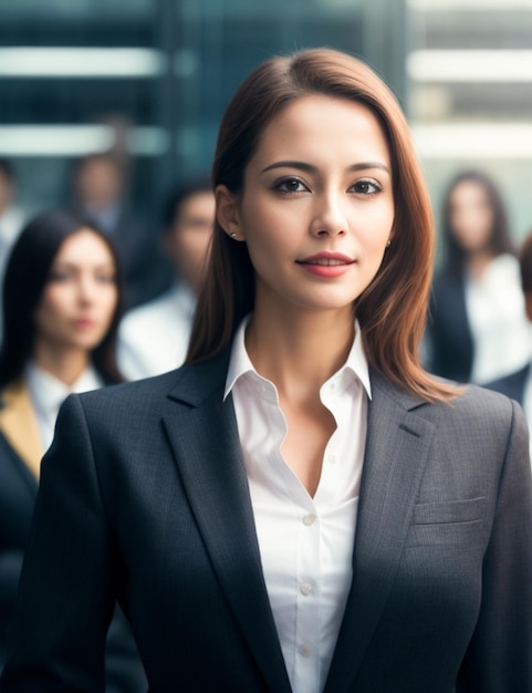 Счастливые деловые женщины уверенно стоят перед размытой бизнес-группой