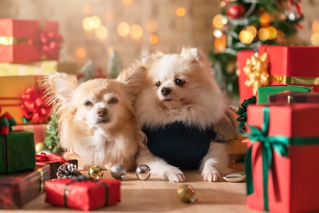 Felicità e allegri cani allevano pomerania e chihuahua amici sdraiati insieme a regali presenti scatole e albero di natale nella stanza buon natale sfondo festivo