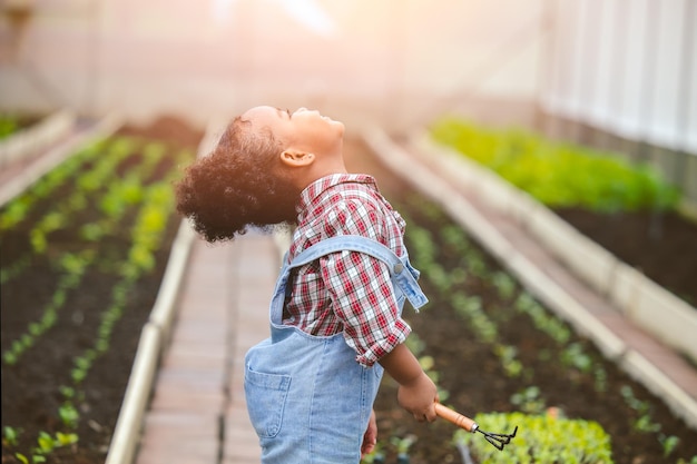 農家が野菜園の農場で木を植える幸せな子の小さな女の子は幸せな遊びを楽しんでいます