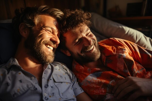 Photo happiness gay couple relax on bed for lgbtq concept