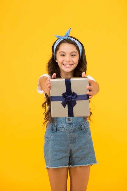 Happiness of giving Celebrate birthday Kid birthday gift Extra bonus Grateful for good gift Surprise and present box Child happy hold gift box Kid girl delighted gift Unexpected surprise