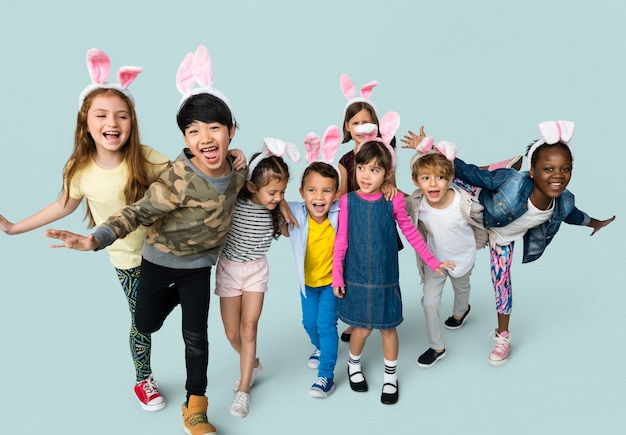 Happiness group of cute and adorable children with bunny headband