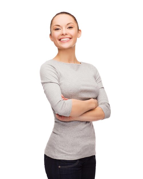 happiness people concept - smiling asian woman with crossed arms over white background