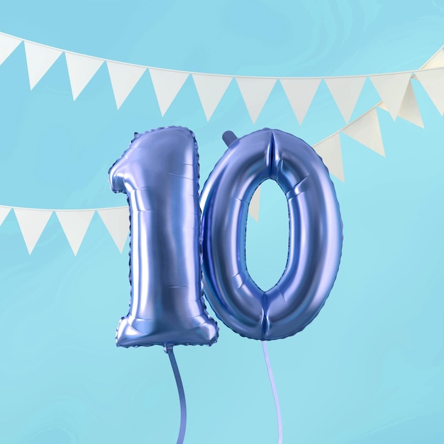 Happy 10th birthday party celebration blue balloon and bunting 3D Render