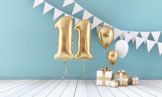 Happy 11th birthday party celebration balloon bunting and gift box 3D Render