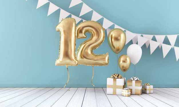 Happy 12th birthday party celebration balloon bunting and gift box 3D Render