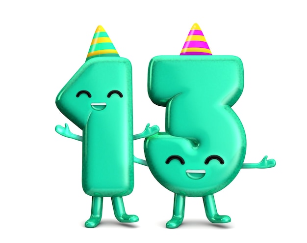 Happy 13th Birthday cute party character with hat 3D Rendering