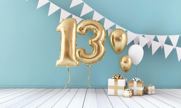 Happy 13th birthday party celebration balloon bunting and gift box 3D Render