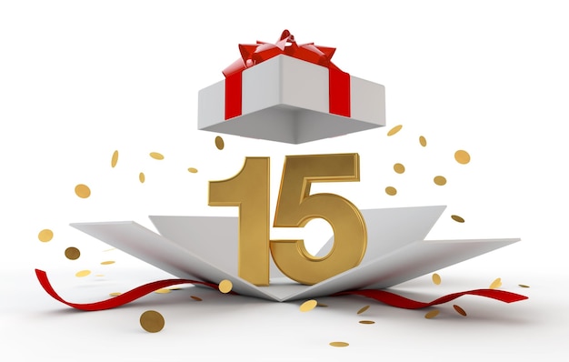 Happy 15th birthday gold surprise boxwith red ribbon 3d
rendering