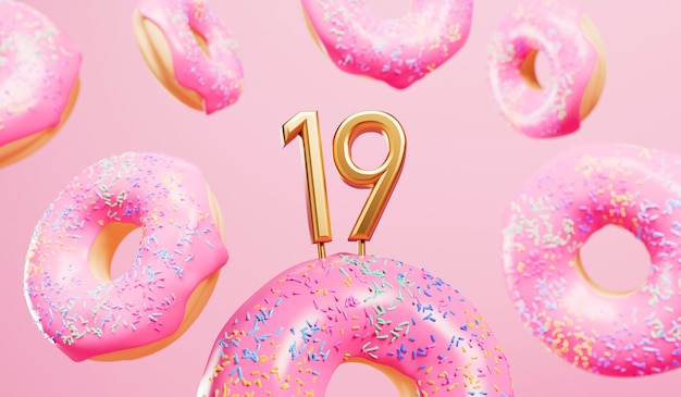 Happy 17th birthday celebration background with pink frosted donuts 3D Rendering