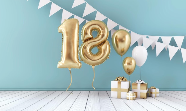 Happy 18th birthday party celebration balloon bunting and gift box 3D Render