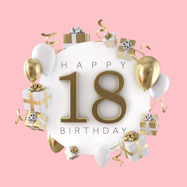Happy 18th birthday party composition with balloons and presents 3D Render