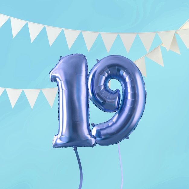 Happy 19th birthday party celebration blue balloon and bunting 3D Render