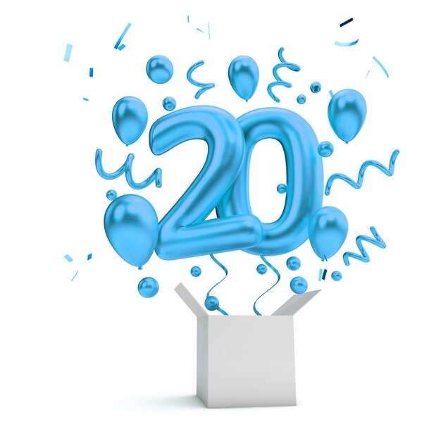 Happy 20th birthday blue surprise balloon and box 3D Rendering