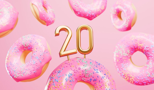 분홍색 젖빛 도넛 3D 렌더링이 있는 20번째 생일 축하 배경
