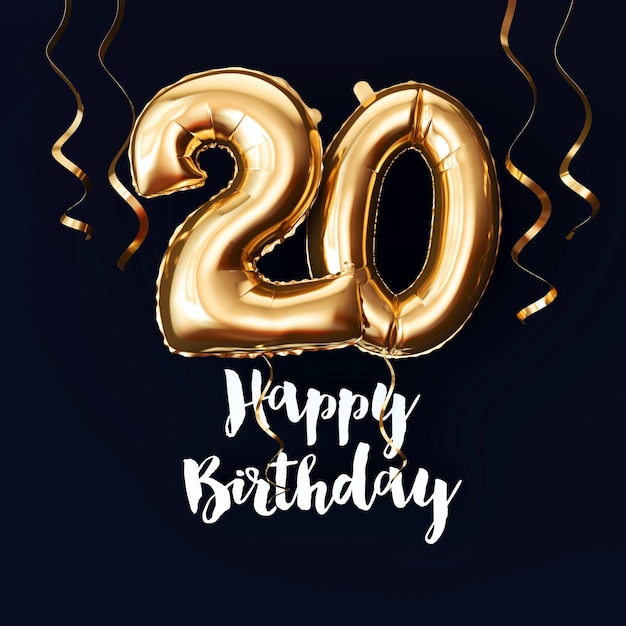 Happy 20th Birthday gold foil balloon background with ribbons 3D Render