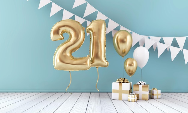 Happy 21st birthday party celebration balloon bunting and gift box 3D Render