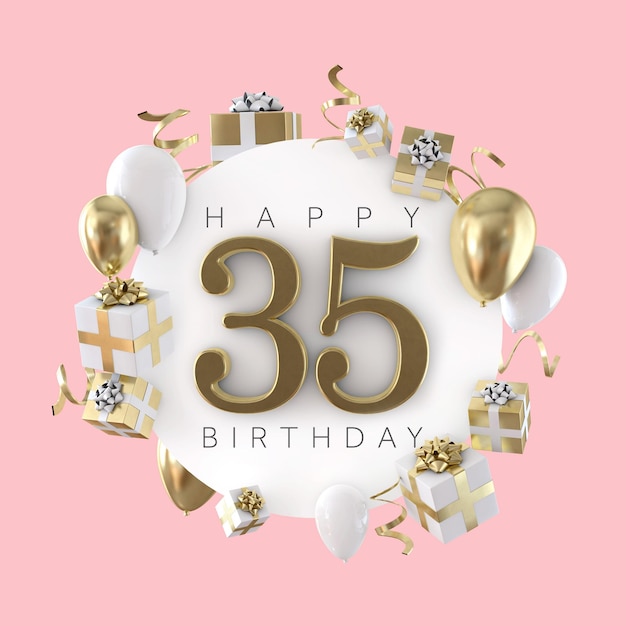 Felice 35esimo compleanno composizione festa con palloncini e regali 3d render