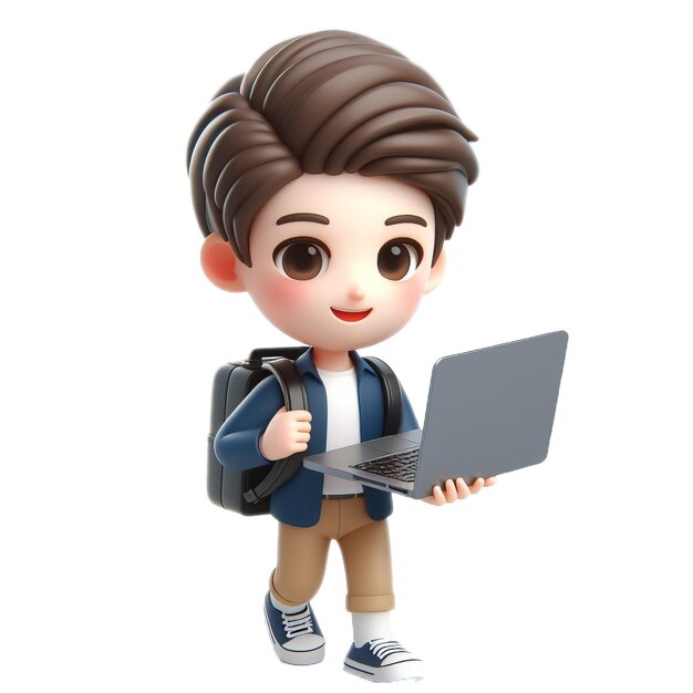 Photo happy 3d boy character student with laptop