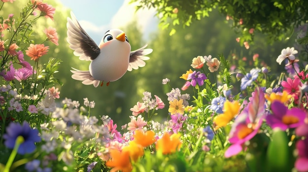 a happy 3d cartoon character a cute bird flying over a lush flower garden with