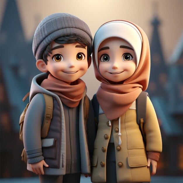 Happy 3D Muslim kids smiling