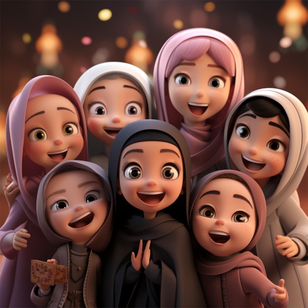 Happy 3D Muslim kids smiling